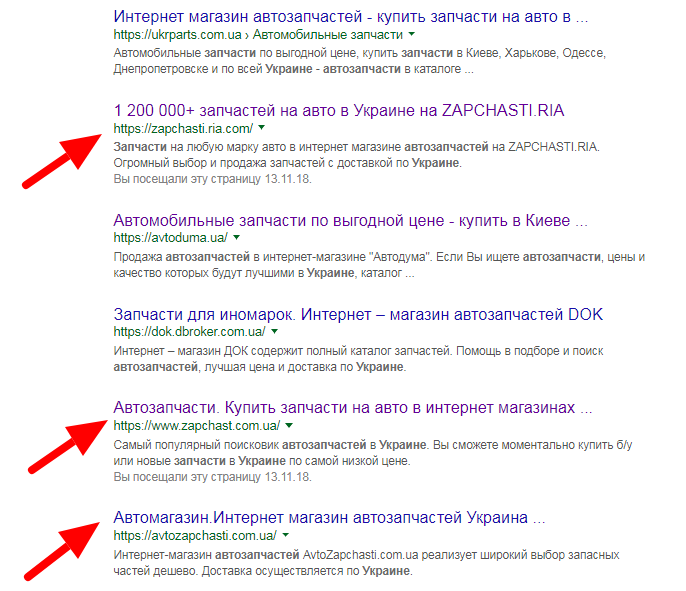 Пример выдачи по запросу «автозапчасти Украина». Сразу 3 похожих названия - и это только 1 страница